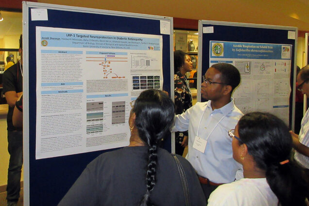 Josiah Sherman, an undergraduate majoring in biology at Xavier University, in New Orleans, explaining his research at Xavier’s 2017 summer research symposium. As part of a new NSF grant to engage underrepresented minorities in exploring STEM careers, the BU School of Medicine will offer opportunities for Xavier students to meet with researchers at BU.
