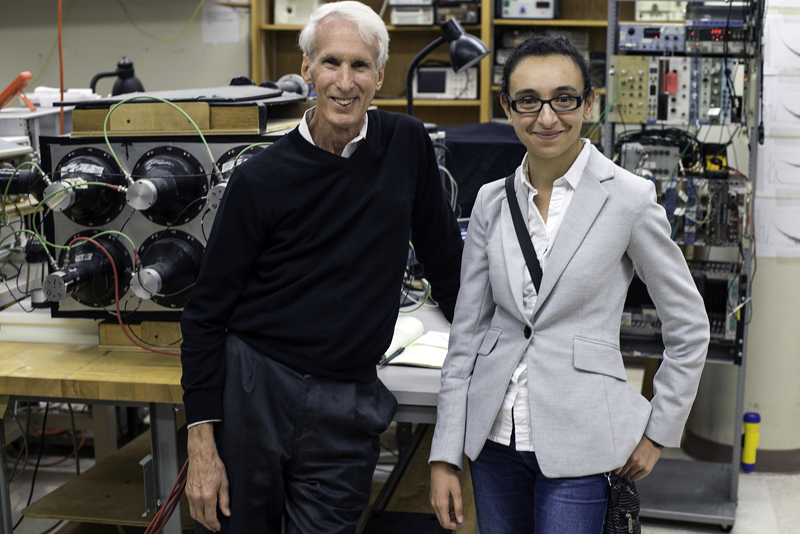Larry Sulak, David M. Myers Distinguished Professor and College of Arts & Sciences chairman emeritus of physics at Boston University, with former student Lina Necib
