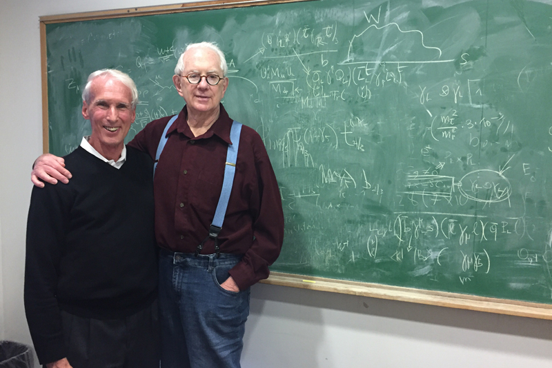 Larry Sulak, David M. Myers Distinguished Professor and College of Arts & Sciences chairman emeritus of physics at Boston University, and winner of the 2018 W.K.H. Panofsky Prize in experimental particle physics, poses with Nobel Laureate Sheldon Glashow