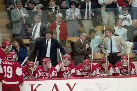 BU Men's Hockey assistant coach Ben Smith on the bench with Jack Parker during the Beanpot Championship game against Harvard at the Boston Garden on Feb. 12, 1990. 