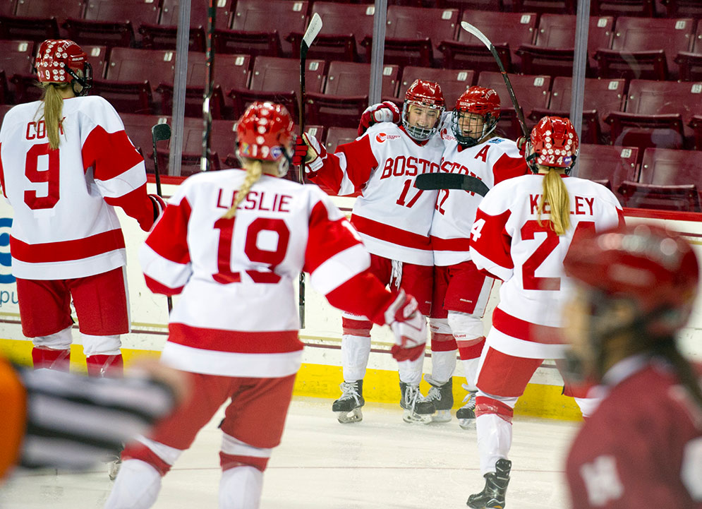 Victoria Bach celebrates her first goal in the 2018 Women's Beanpot Tournament at the Conte Forum at Boston College on Feb. 6, 2017.