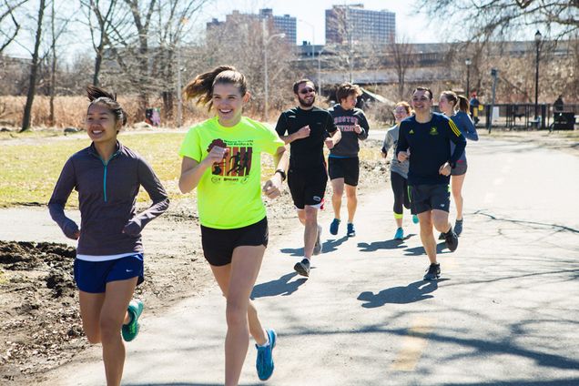 BU Running Club on a weekend run along the Minuteman Bikeway in Cambridge.