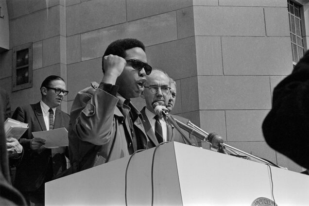 Ed Coaxum speaks at a memorial service on for Martin Luther King, Jr. the day after he was assassinated, Marsh Plaza, Boston University, 1968