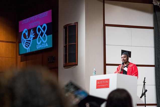 Umoja President Sernah Essien addressing the audience at the first ever Rite of Passage ceremony honoring black graduating students