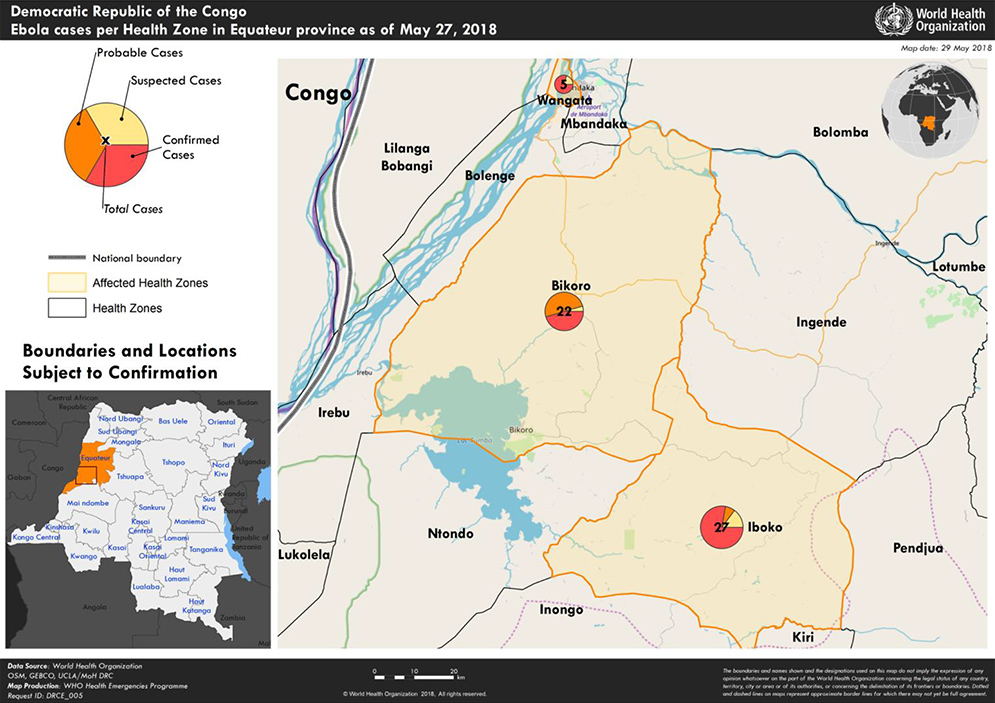 A map from the World Health Organization showing Geographical distribution of the Ebola virus disease cases in Equateur Province, Democratic Republic of the Congo, 27 May 2018