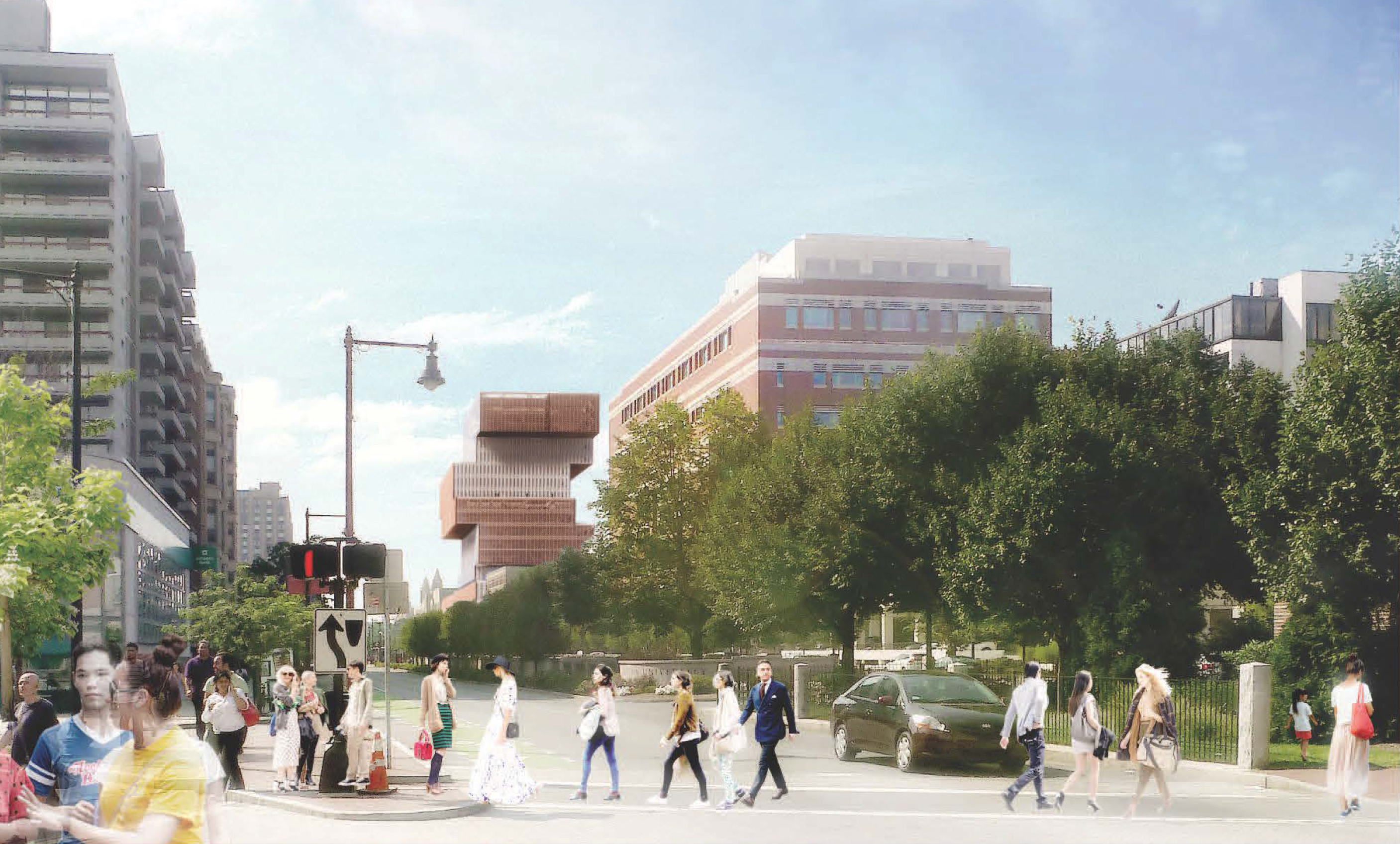 Architectural rendering showing a view of the Boston University Data Sciences Center from Kenmore Square.