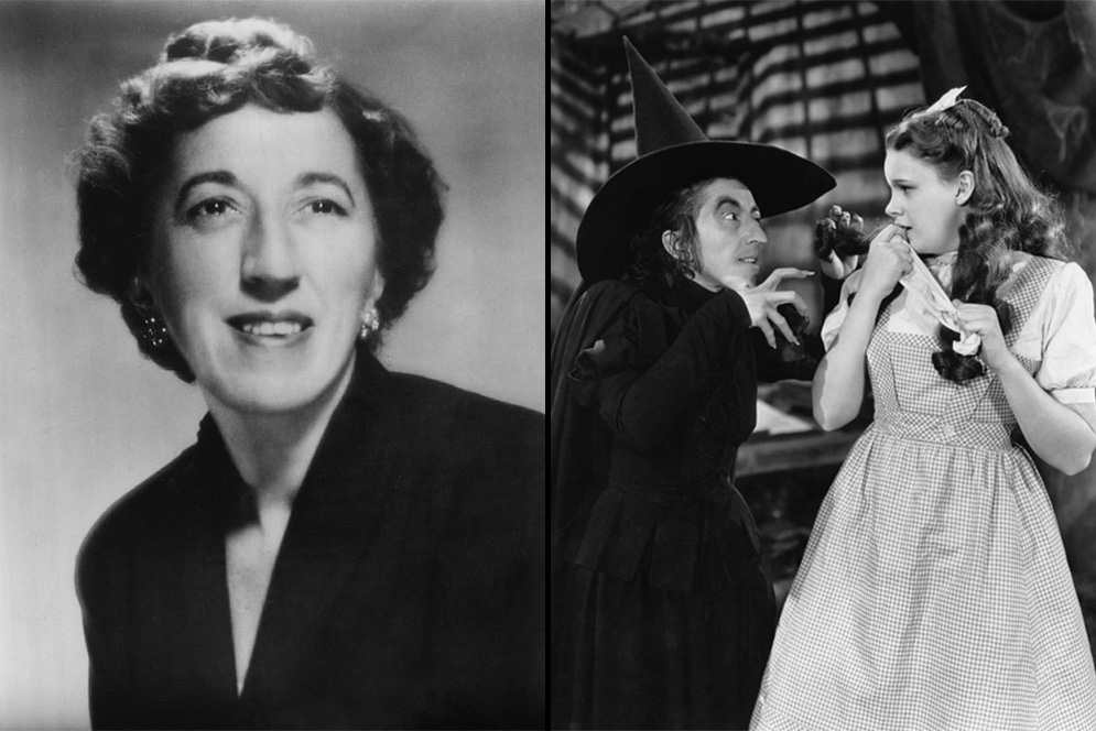 Composite image of actress Margaret Hamilton who played the Wicked Witch of the West in the Wizrd of Oz. Headshot and video still from Wizard of Oz with Judy Garland.