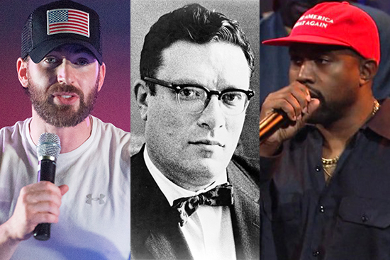 Composite image showing actor Chris Evans speaking in Washington D.C., black and white portrait of Isaac Asimov, and rapper Kanye West performing on Saturday Night Live wearing a red Donald Trump Make America Great Again hat.