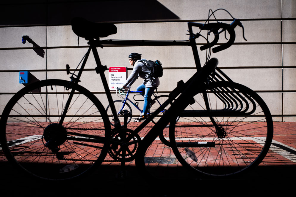 Woman riding her bike up commonwealth avenue