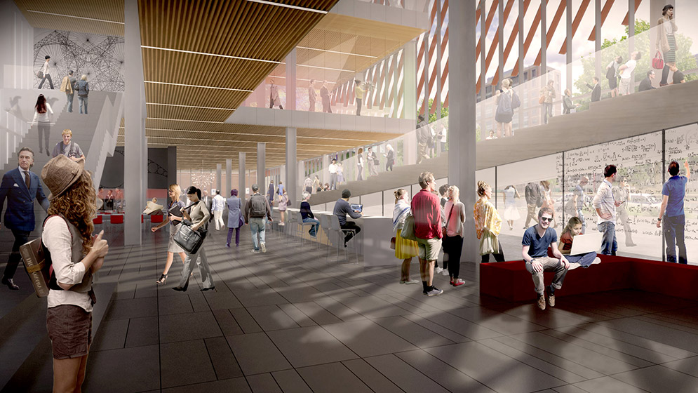 Architectural rendering showing activity on the ground floor of the new Boston University Data Sciences Center.