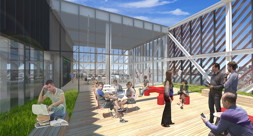 Architectural rendering of the 17th Floor outdoor terrace at the Boston University Data Sciences Center. Students study and converse on a sunny wooden terrace with benches and grass beds.