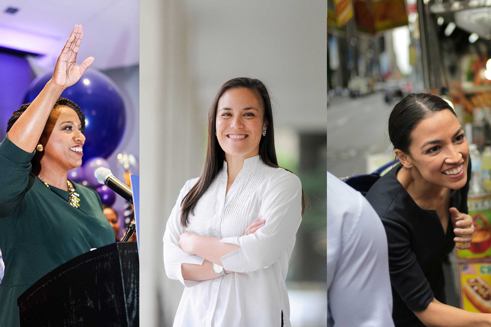 3 headshots of political candidates Alexandria Ocasio-Cortez (CAS’11), Gina Ortiz Jones (CAS’03, GRS’03), and Ayanna Pressley, Massachusetts candidate for the House of Representatives