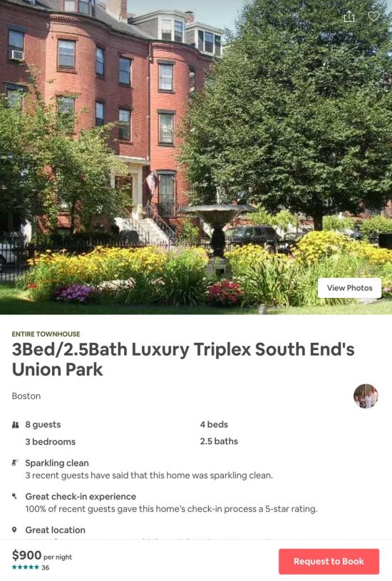 A screenshot from Airbnb featuring an extravagant Boston property.