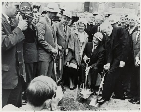 Governor Endicott Peabody (far left, with shovel), Mayor John F. Collins (seated), and Richard Cardinal Cushing (right, with shovel), archbishop of Boston, at the 1963 groundbreaking for New City Hall. Photo courtesy of Boston Public Library Print Department, Boston Pictorial Archive