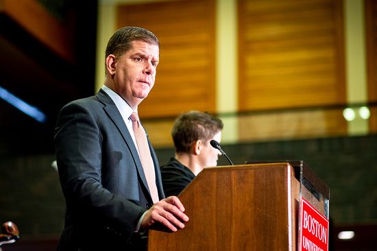 Boston Mayor Martin. J. Walsh speaks at the podium during the Martin Luther King Day observance at Marsh Chapel.