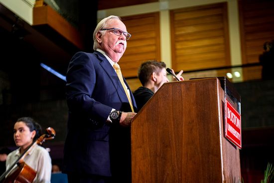 Boston University President Robert A. Brown speaks at the podium during Boston University's Martin Luther King Day observance at Marsh Chapel.