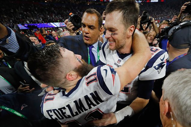 New England Patriots quarterback Tom Brady and exuberant Super Bowl LIII MVP Julian Edelman after the Pats’ 13-3 victory over the Los Angeles Rams Sunday. Photo by Kevin C. Cox/Getty Images.