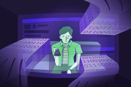 Data sciences and the arts thumb, illustrated depiction of a young man sitting in front of a television set with data being recorded