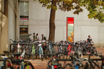 Bikes parked outside of the Mugar Library