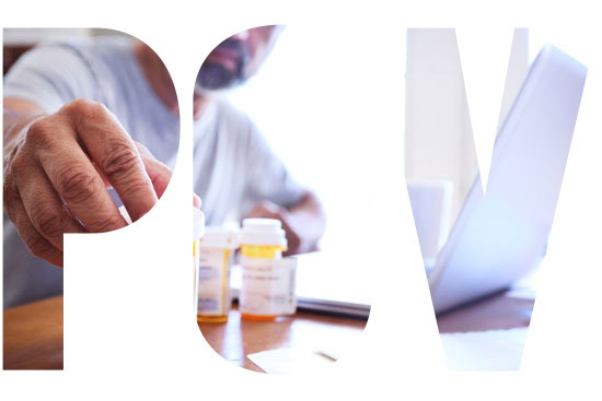 the letters POV laid over an image of a Hispanic Man Sitting At Dining Room Table Reaches For His Prescription Medications