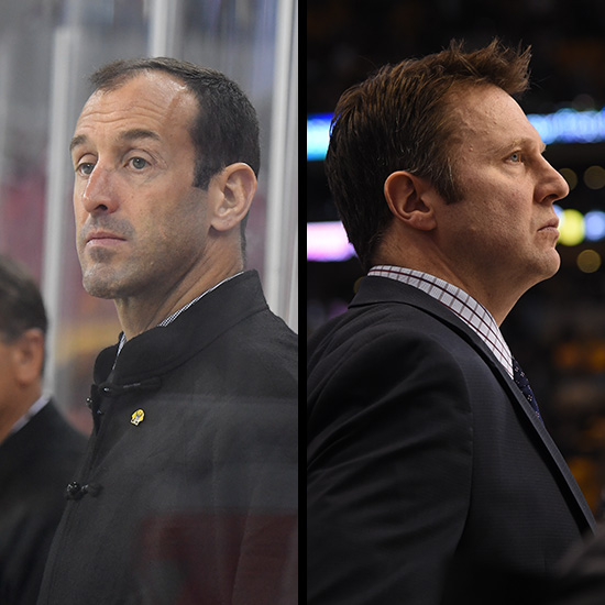 Diptych image of Boston Bruins assistant coaches Jay Pandolfo and Joe Sacco on the bench during a game.