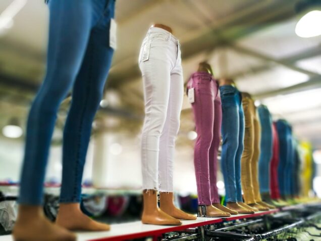 A row of manequin legs display women's skinny jeans in a clothing store.