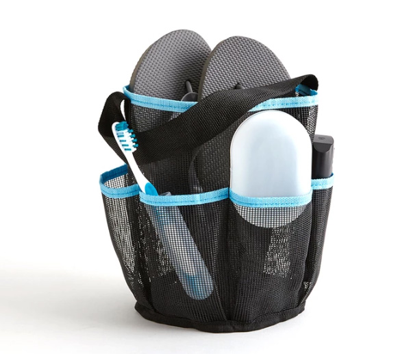 Product shot of a black mesh showercaddy with toothbrush, flip flops and soap holder