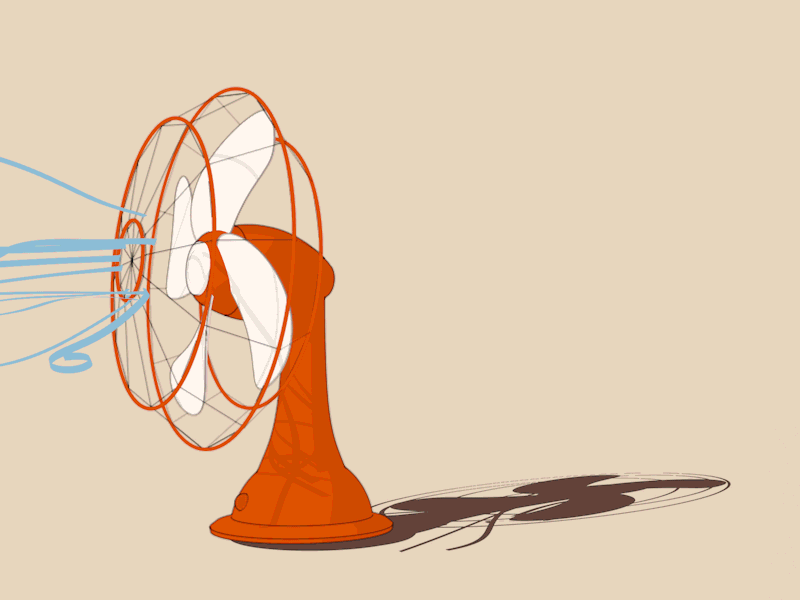 Animated GIF of a desk fan with streamers tied to it blowing in the breeze.