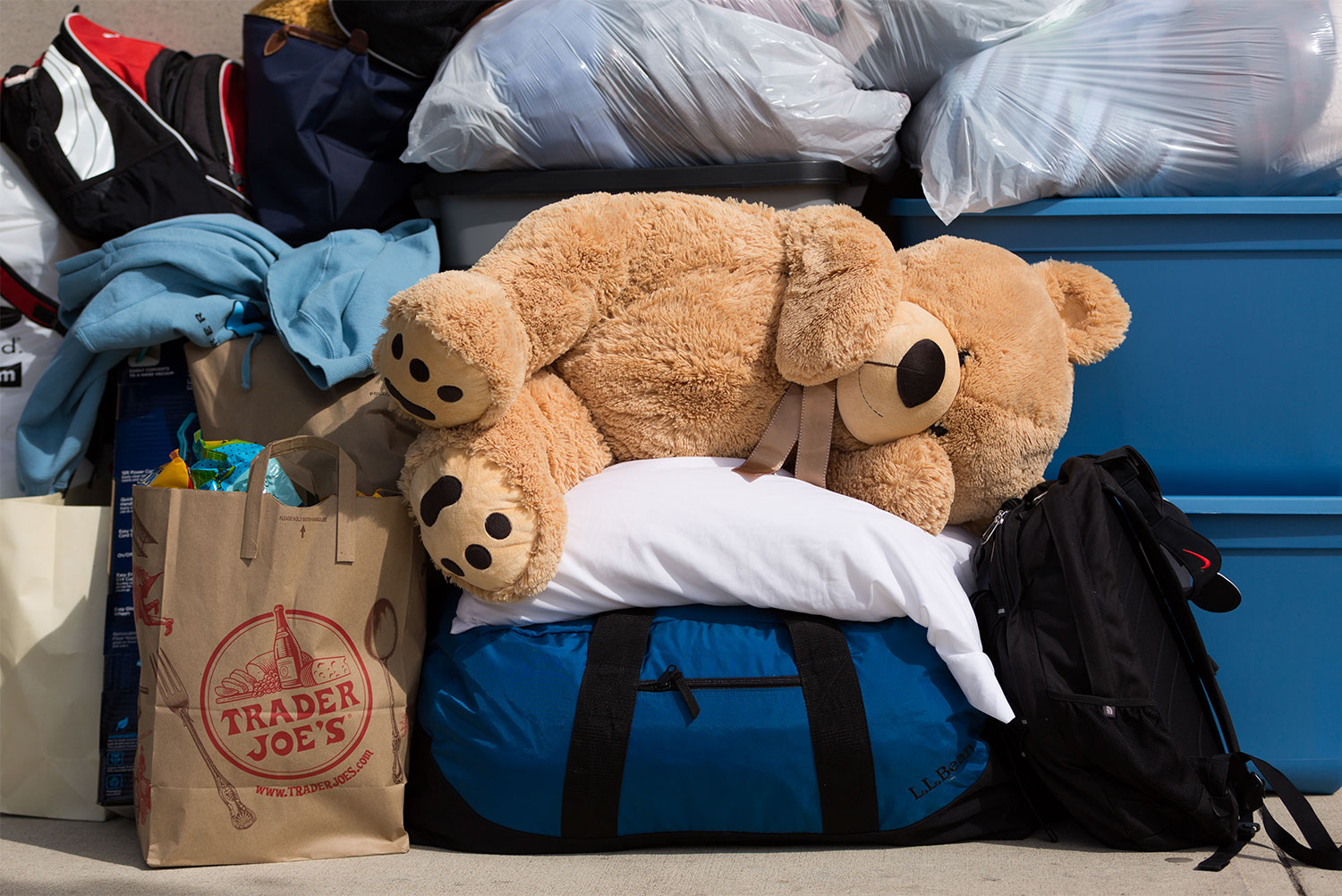 Moving bins, trashbags, duffle bags and stuffed teddy bear sit on a sidewalk outside Boston University dorms during Fall semester student move-in.