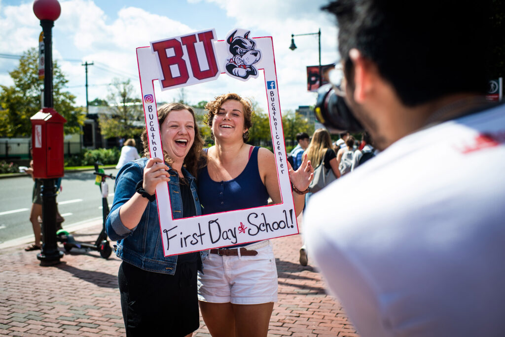 Sheila Phillips (CAS 20) (left) and Hanna Gootee (Wheelock 20) get a photo taken on the first day back to school on September 3, 2019. Photo by Jackie Ricciardi
