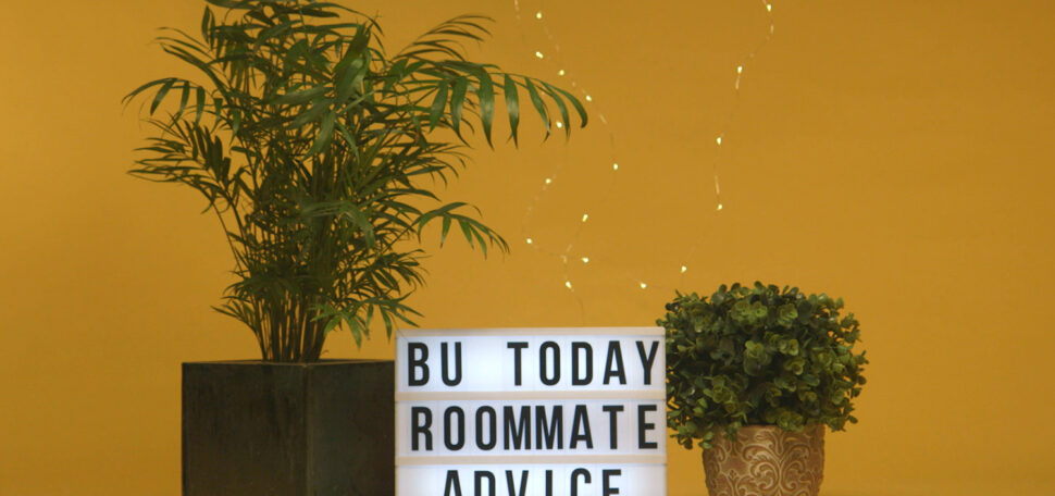 Two house plants on either side of a lightbox sign that says 'BU Today Roommate Advice'