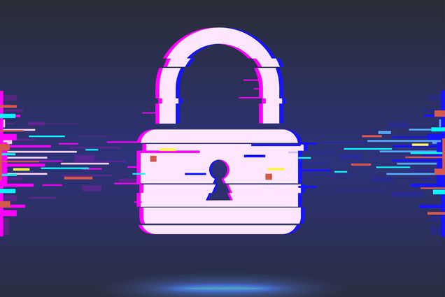 Illustration of padlock with digital glitches in it.