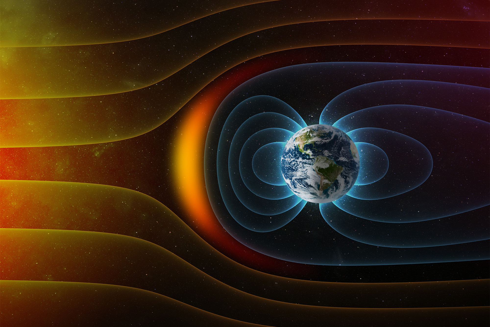 Scientific illustration showing Earth's magnetic field deflecting solar winds from the sun.