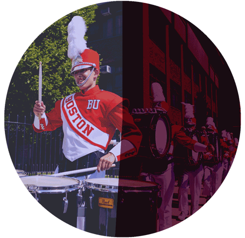 Pie chart depicting 49% with background photo of BU Marching Band performing on Commonwealth Avenue.