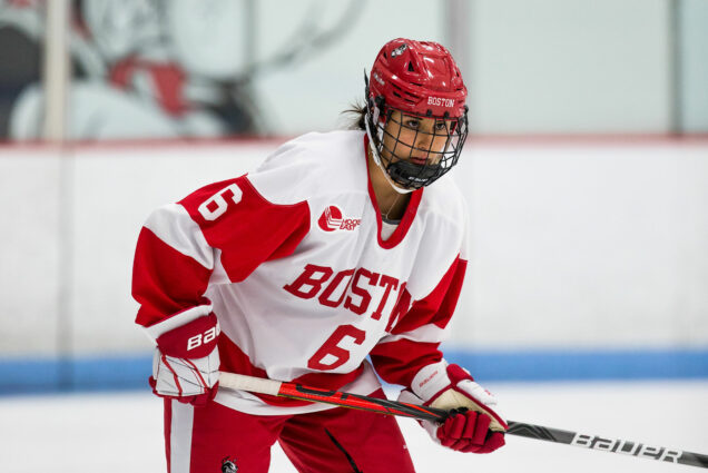 Boston University Terriers women's hockey player Nadia Mattivi watches the play during a game.