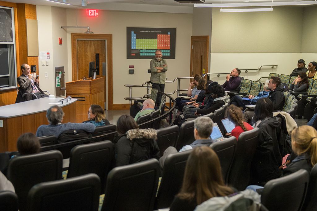 Audience watches BU Poli Sci professor Spencer Piston delivers a talk called Who Built America in response to a talk by conservative figurehead, Ben Shapiro.