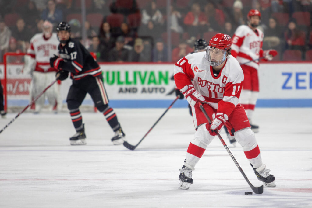 A photo of Terrier men's ice hockey captain Patrick Curry on the ice.