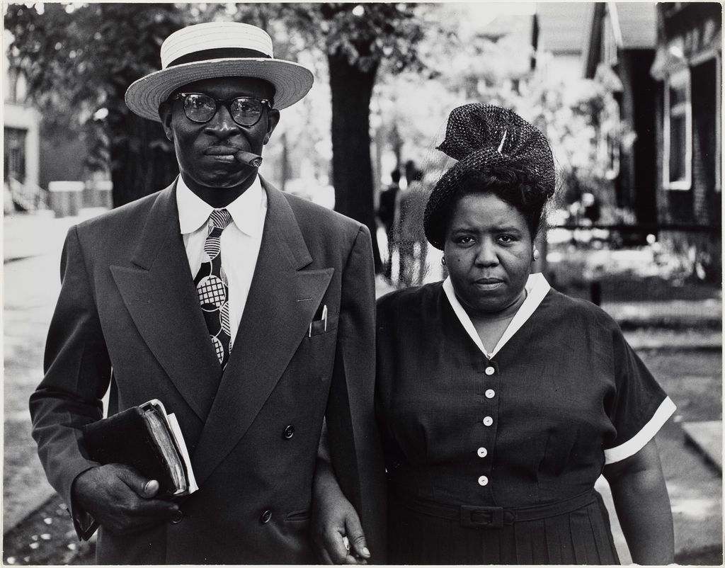 A black and white photograph of a husband and wife in Detroit Michigan
