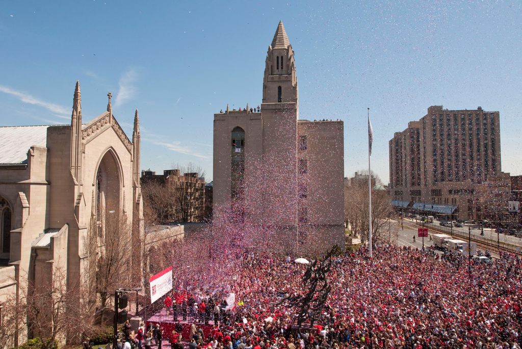 A photo of a celebration of the BU Men's Hockey 2009 national championship at Marsh Plaza