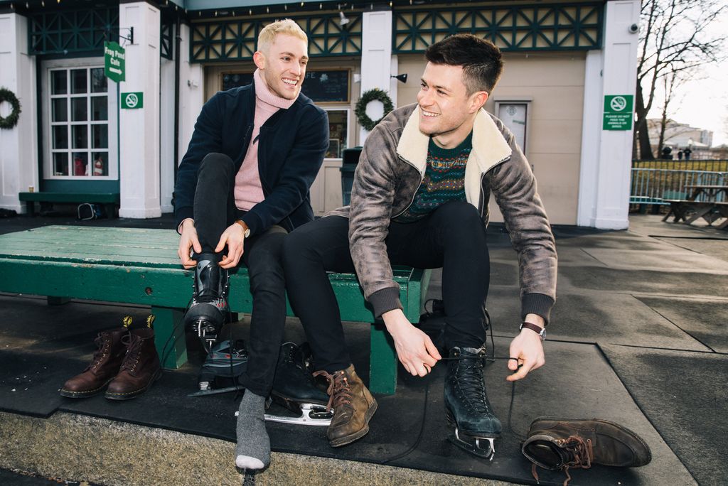 Jimmy Morgan (COM'14) (left) and Jason Kashdan (COM’14) skating on the Boston Common Frog Pond