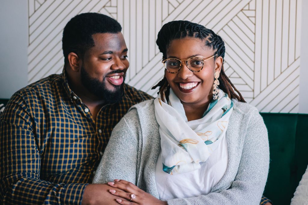 A photo of Joshua Reynolds (CFA’11, MET’13) and Danielle Galloway (CAS’15) at their home in Rockville, MD