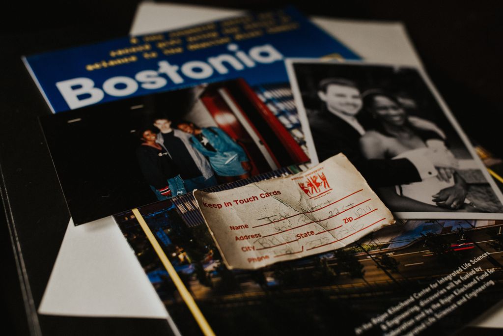 A photo of Anika Bent-Albert (CAS’99) and Todd Albert (CAS’99) while they were students at BU, their engagement photo, and one of the "keep in touch" cards the couple exchanged after meeting at orientation.