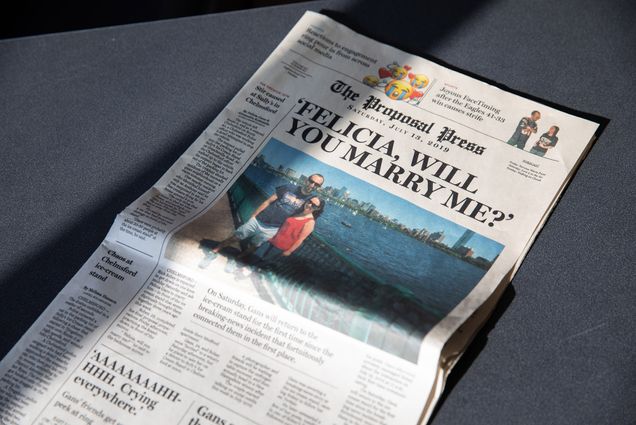 A mock newspaper with a headline asking “Felicia, Will You Marry Me?”