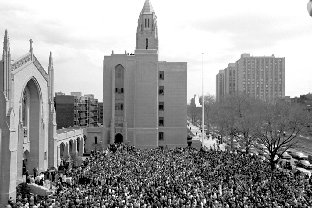 A photo of a vigil at Marsh Plaza following the assassination of Martin Luther King Jr in 1968
