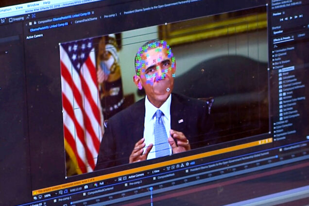 A photo of a fake video of President Barack Obama.