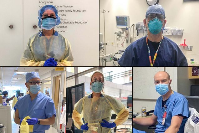 Composite image of photos of Boston Medical Center doctors Kristen Goodell, Evan Berg, Michael Ieong, Sarah Kimball, and James Hudspeth