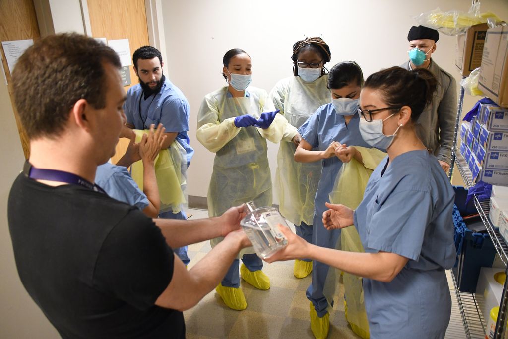 The medical team at the Newton Pavilion COVID-19 recuperation unit for homeless patients preparing for the arrival of the first patients 