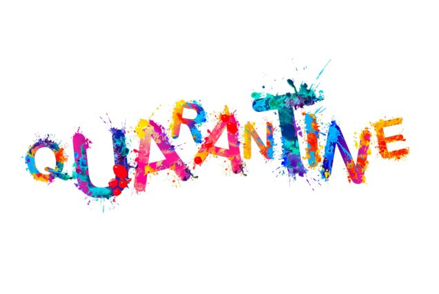 Illustrated type-treatment of the word 'Quarantine' in letters made of paint splatters