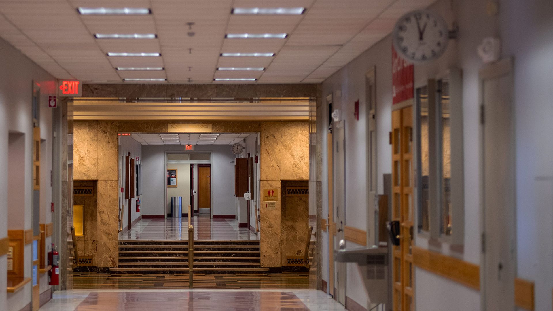 Empty hallway with stairs from inside CAS March 18, 2020. 