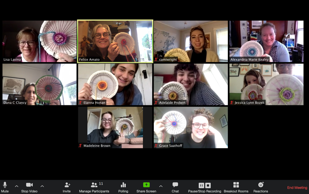 Screenshot of the first remote meeting for Weaving for Wellness, participants are smiling and holding up their yarn creations. Image includes the following people: Lisa Lavina from the Build Lab; Felice Amato from the School of Visual Arts’ Art Education program Cami Wright, Costume Design, School of Theater, CFA; Zane Keely, BU CFA School of Theater - Costume Design MFA; Dana Clancy, Director of the School of Visual Arts and Painting Professor; Elanna Honan, SVA, 4+1 BFA Painting and Art Education; Addy Probert, SVA, 4+1 BFA Painting and Art Education; Jessica Bozek, Instructor, College of Arts and Sciences, KHC, and the Cross College Challenge and her daughter; Maddie Brown Undergraduate Costume Design, School of Theatre; and Grace Saathoff, Undergraduate in Costume Production, School of Theatre